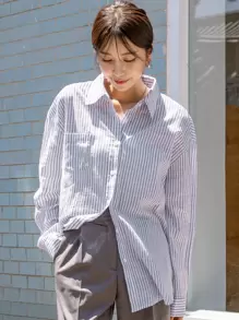 DAZY 条纹落肩口袋贴布衬衫、长袖上衣、秋装 - 藍白色 - 查看 5