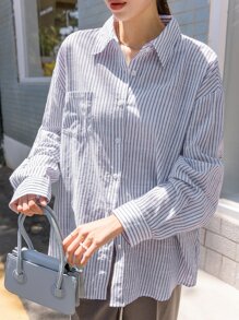 DAZY 条纹落肩口袋贴布衬衫、长袖上衣、秋装 - 藍白色 - 查看 6