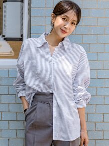 DAZY 条纹落肩口袋贴布衬衫、长袖上衣、秋装 - 藍白色 - 查看 7