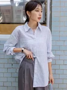 DAZY 条纹落肩口袋贴布衬衫、长袖上衣、秋装 - 藍白色 - 查看 8