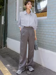 DAZY 条纹落肩口袋贴布衬衫、长袖上衣、秋装 - 藍白色 - 查看 9