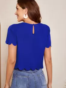 SHEIN Clasi Puff Sleeve Scallop Trim Keyhole Back Blouse,Short Sleeve Tops - Royal Blue - View 2