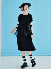 Bow Front Solid Dress - Black - View 1