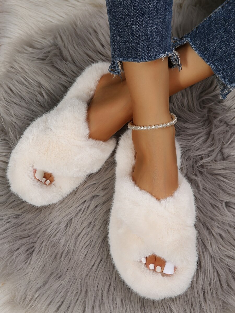 Cross Strap Fluffy Bedroom Slippers - Beige - View 1