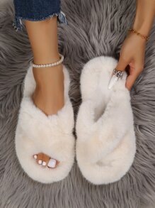 Cross Strap Fluffy Bedroom Slippers - Beige - View 5