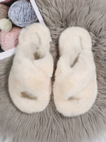Cross Strap Fluffy Bedroom Slippers - Beige - View 6