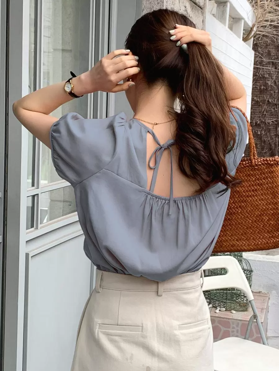 DAZY Áo sơ mi nữ Buộc lại màu trơn Giải trí - Màu xanh bụi bặm - Xem 1