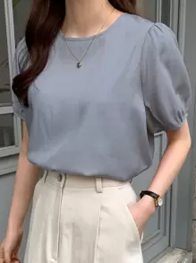 DAZY Áo sơ mi nữ Buộc lại màu trơn Giải trí - Màu xanh bụi bặm - Xem 2