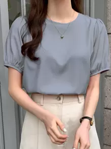 DAZY Áo sơ mi nữ Buộc lại màu trơn Giải trí - Màu xanh bụi bặm - Xem 4