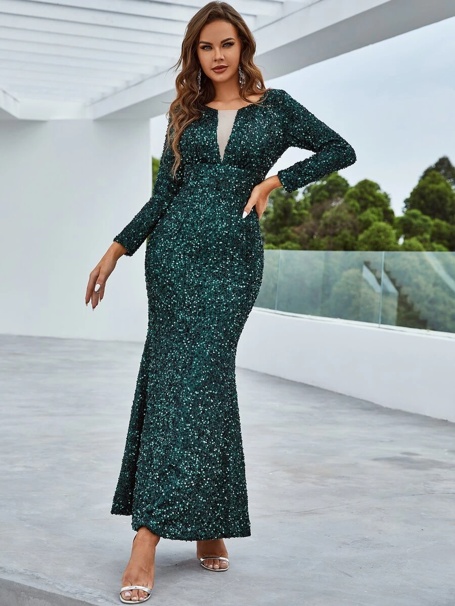YISIKADO Backless Knot Mermaid Hem Sequin Formal Evening Gown - Dark Green - View 1