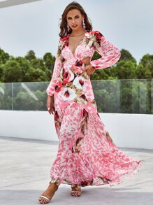 YISIKADO 花卉圖案和豹紋印花鏤空荷葉邊深V領連衣裙 - 彩色 - 查看 4