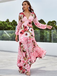 YISIKADO 花卉圖案和豹紋印花鏤空荷葉邊深V領連衣裙 - 彩色 - 查看 2