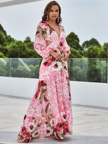 YISIKADO 花卉圖案和豹紋印花鏤空荷葉邊深V領連衣裙 - 彩色 - 查看 5