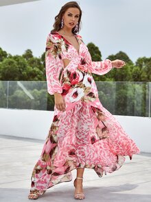 YISIKADO 花卉圖案和豹紋印花鏤空荷葉邊深V領連衣裙 - 彩色 - 查看 7