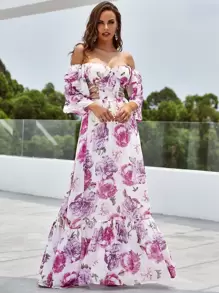 YISIKADO Đầm Cắt ra Viên lá sen Dây kéo Hoa Tất cả trên in Boho - Màu tím - Xem 1