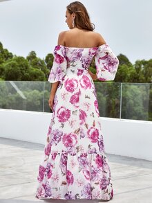 YISIKADO Đầm Cắt ra Viên lá sen Dây kéo Hoa Tất cả trên in Boho - Màu tím - Xem 2