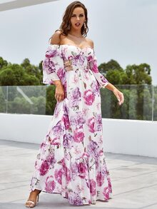 YISIKADO Đầm Cắt ra Viên lá sen Dây kéo Hoa Tất cả trên in Boho - Màu tím - Xem 3