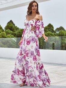 YISIKADO Đầm Cắt ra Viên lá sen Dây kéo Hoa Tất cả trên in Boho - Màu tím - Xem 4