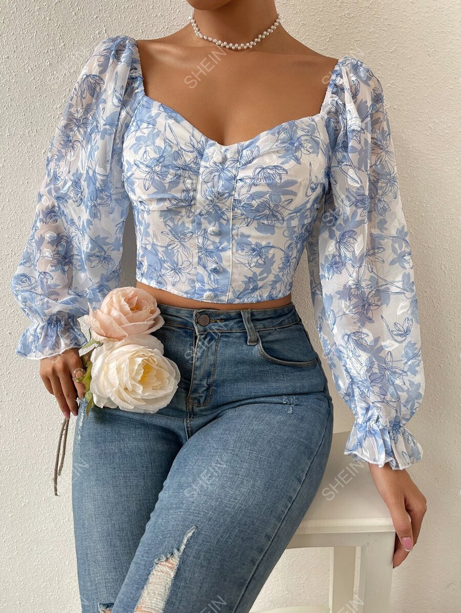Chiquease Blusa de gasa con estampado floral, mangas con volantes y fruncidos, blusas de manga larga