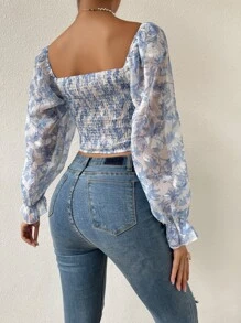 Chiquease Blusa de gasa con estampado floral, mangas con volantes y fruncidos, blusas de manga larga