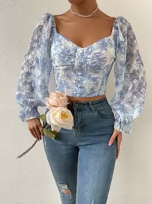 Chiquease Blusa de gasa con estampado floral, mangas con volantes y fruncidos, blusas de manga larga