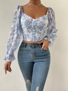 Chiquease Blusa de gasa con estampado floral, mangas con volantes y fruncidos, blusas de manga larga