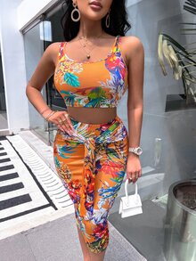 SHEIN SXY 隨機熱帶圖案短款背心和前繫帶鉛筆裙 - 橘色 - 查看 3