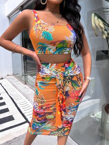 SHEIN SXY 隨機熱帶圖案短款背心和前繫帶鉛筆裙 - 橘色 - 查看 6