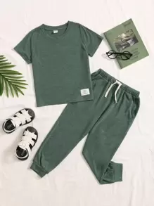 SHEIN Young Boy Toddler Boys Letter Patched Detail Tee & Drawstring Waist Sweatpants - Dark Green - View 5
