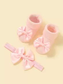 1對嬰兒蝴蝶結裝飾襪子和1入組髮箍 - 淺粉色 - 查看 3