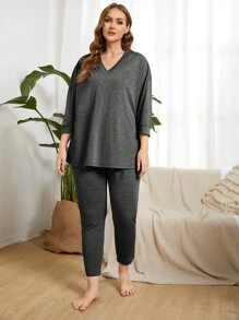 SHEIN Unity 大碼落肩袖素色T恤和褲子睡衣套裝 - 深灰色 - 查看 4