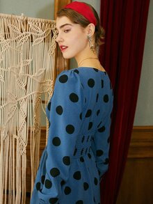 Polka Dot Shirred Button Front Dress - Navy Blue - View 2