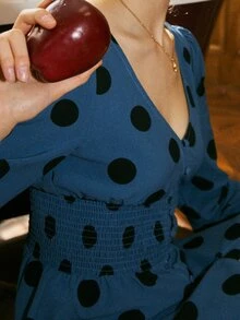 Polka Dot Shirred Button Front Dress - Navy Blue - View 5