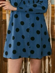 Polka Dot Shirred Button Front Dress - Navy Blue - View 6