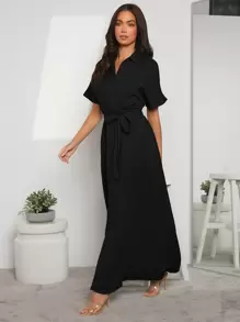 SHEIN Clasi Solid Button Up Shirt Dress - Black - View 2