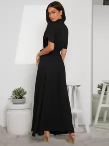 SHEIN Clasi Solid Button Up Shirt Dress - Black - View 3