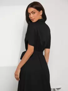 SHEIN Clasi Solid Button Up Shirt Dress - Black - View 4