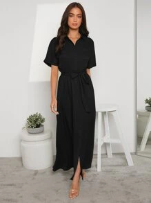 SHEIN Clasi Solid Button Up Shirt Dress - Black - View 6