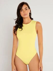 SHEIN BASICS Solid Round Neck Fitted Tank Bodysuit - Yellow - View 5