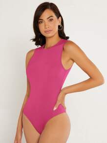 SHEIN BASICS Solid Round Neck Tank Bodysuit - Hot Pink - View 4