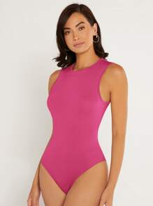 SHEIN BASICS Solid Round Neck Tank Bodysuit - Hot Pink - View 6