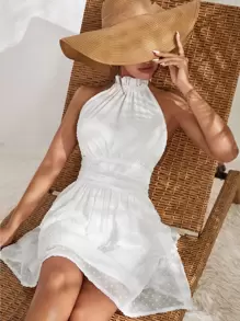 Swiss Dot Tie Backless Layered Hem Ruched Chiffon Halter Dress - White - View 1