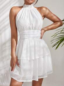 Swiss Dot Tie Backless Layered Hem Ruched Chiffon Halter Dress - White - View 3