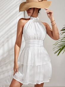 Swiss Dot Tie Backless Layered Hem Ruched Chiffon Halter Dress - White - View 4