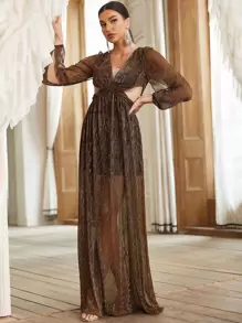 YISIKADO Plunge Neck Lantern Sleeve Glitter Dress - Brown - View 1