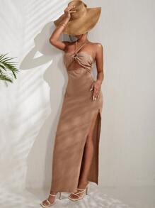 SHEIN VCAY 前鏤空繞頸露背高開叉連衣裙 - 卡其色 - 查看 3