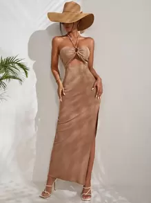 SHEIN VCAY 前鏤空繞頸露背高開叉連衣裙 - 卡其色 - 查看 4