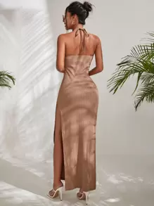 SHEIN VCAY 前鏤空繞頸露背高開叉連衣裙 - 卡其色 - 查看 5