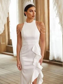 YISIKADO Đầm dạ hội cổ yếm xẻ đùi, viền bèo nhún, đính hạt cườm - trắng - Xem 3