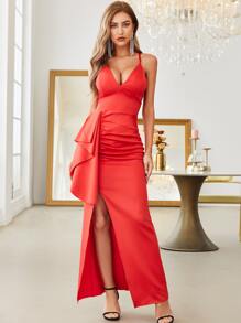 YISIKADO Draped Ruched Split Thigh Mermaid Hem Cami Formal Dress - Red - View 1